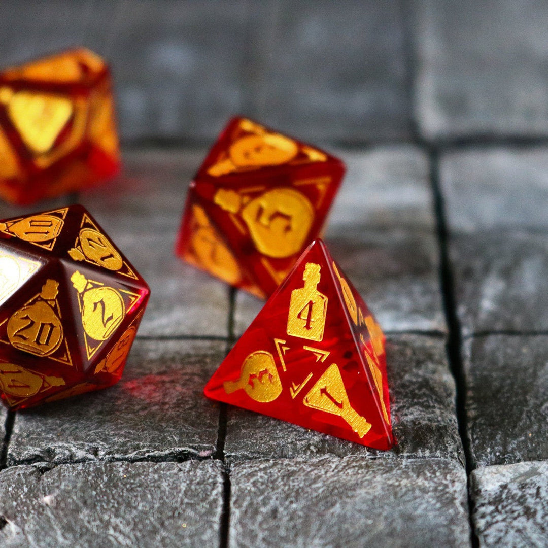 Health Potion Red Zircon Glass (And Box) Polyhedral Dice DND Set