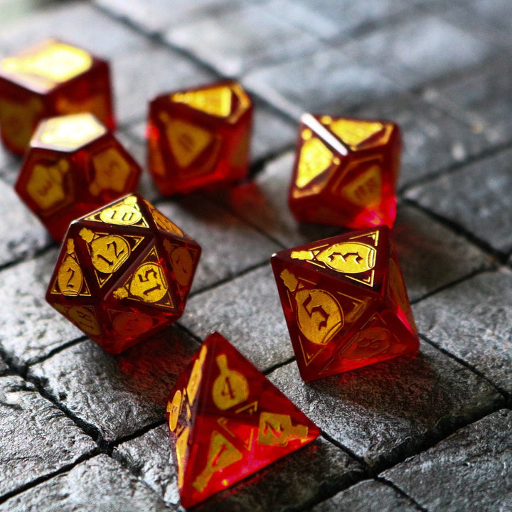 Health Potion Red Zircon Glass (And Box) Polyhedral Dice DND Set