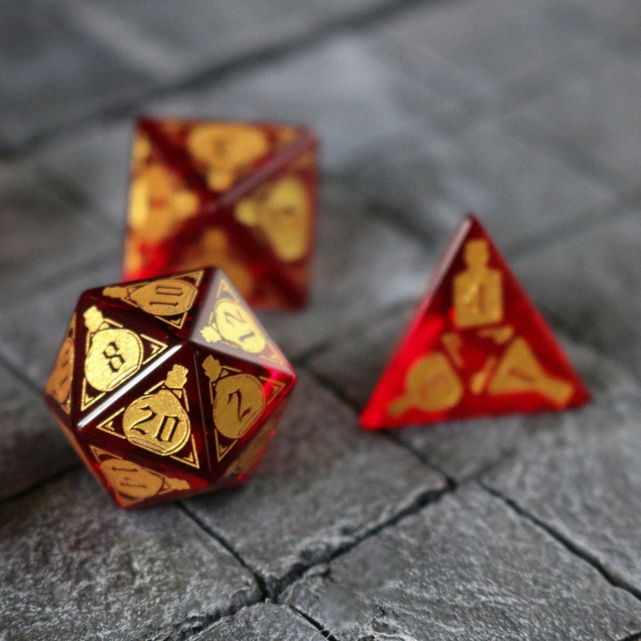 Health Potion Red Zircon Glass (And Box) Polyhedral Dice DND Set