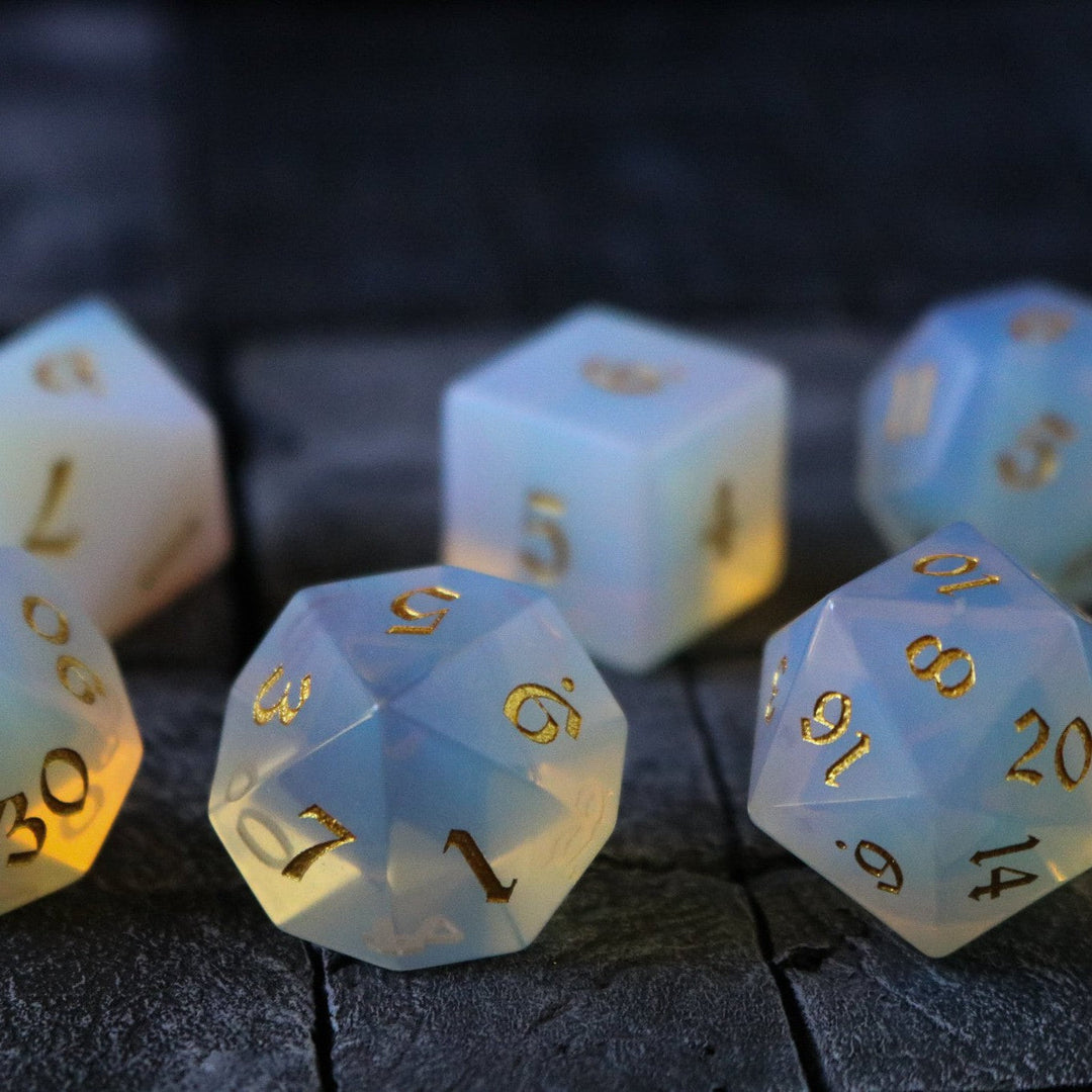 Gemstone Opalite (Gold Font) Hand Carved Polyhedral Dice (And Box) DnD Dice Set