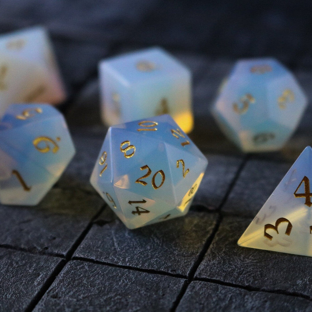 Gemstone Opalite (Gold Font) Hand Carved Polyhedral Dice (And Box) DnD Dice Set