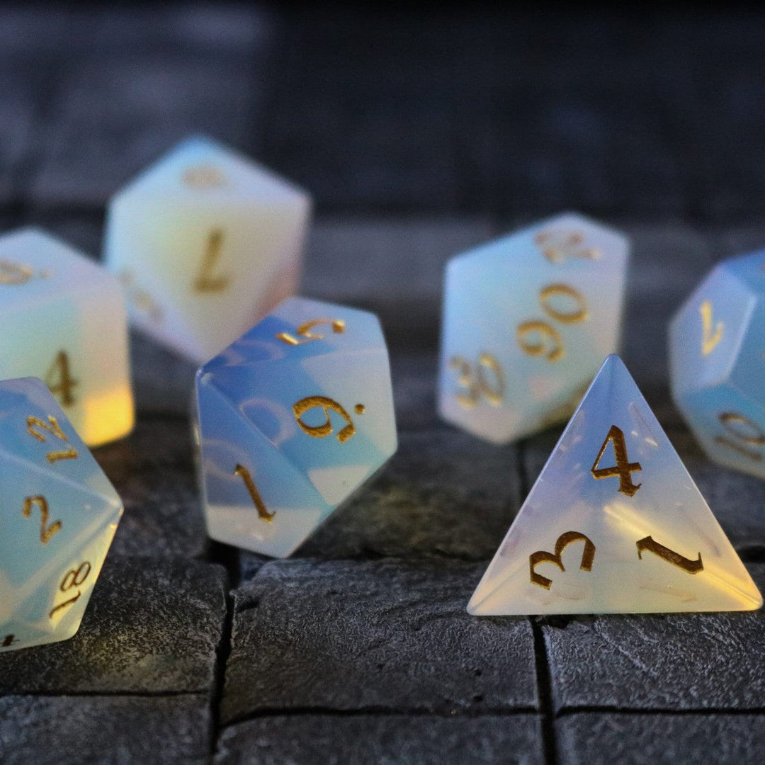 Gemstone Opalite (Gold Font) Hand Carved Polyhedral Dice (And Box) DnD Dice Set