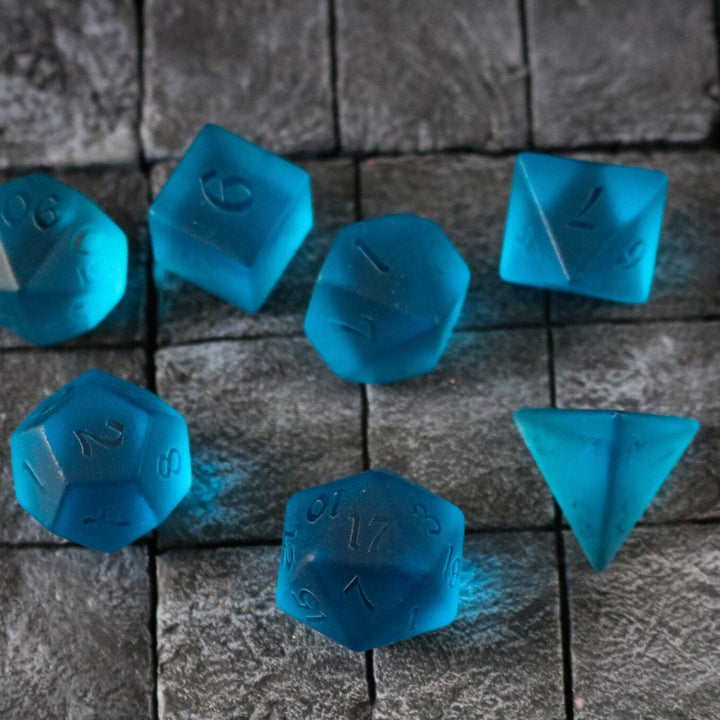 Hand Carved Blue Zircon Glass (And Box) Polyhedral Dice DND Set