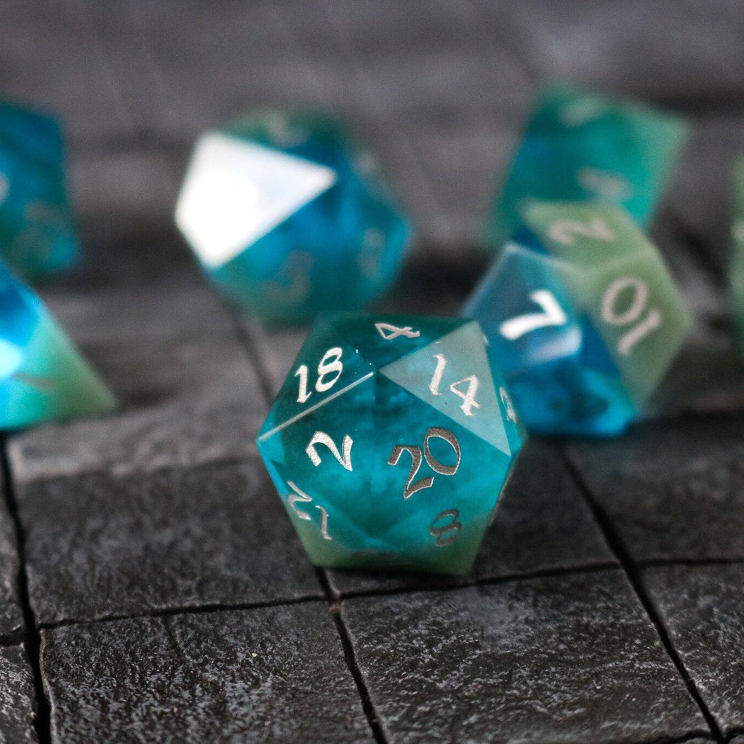 Hand Carved Synthetic Gemstone Two Tone Blue/Green (And Box) Polyhedral Dice DnD Dice Set