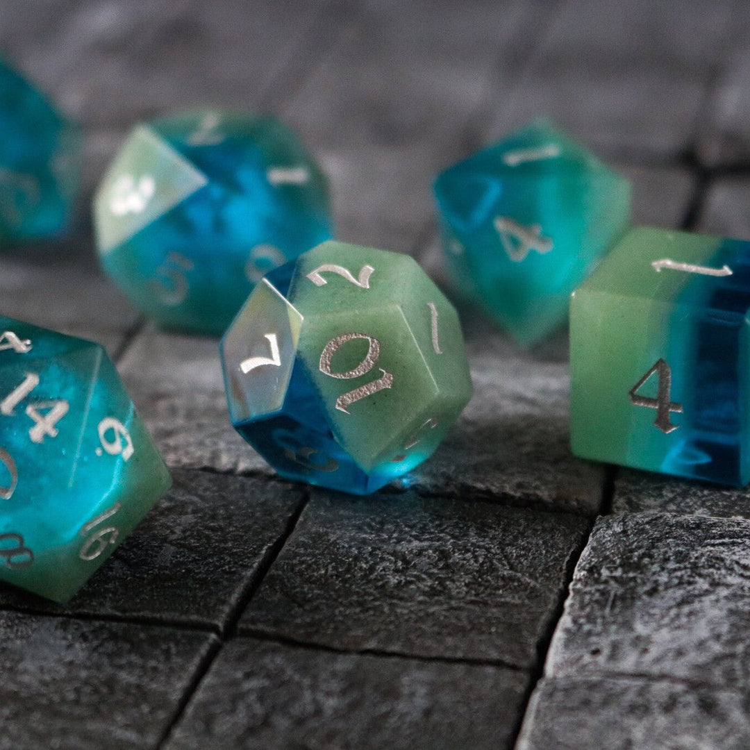 Hand Carved Synthetic Gemstone Two Tone Blue/Green (And Box) Polyhedral Dice DnD Dice Set