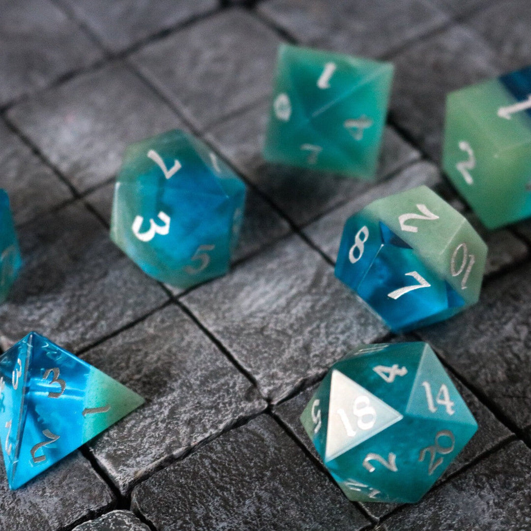 Hand Carved Synthetic Gemstone Two Tone Blue/Green (And Box) Polyhedral Dice DnD Dice Set