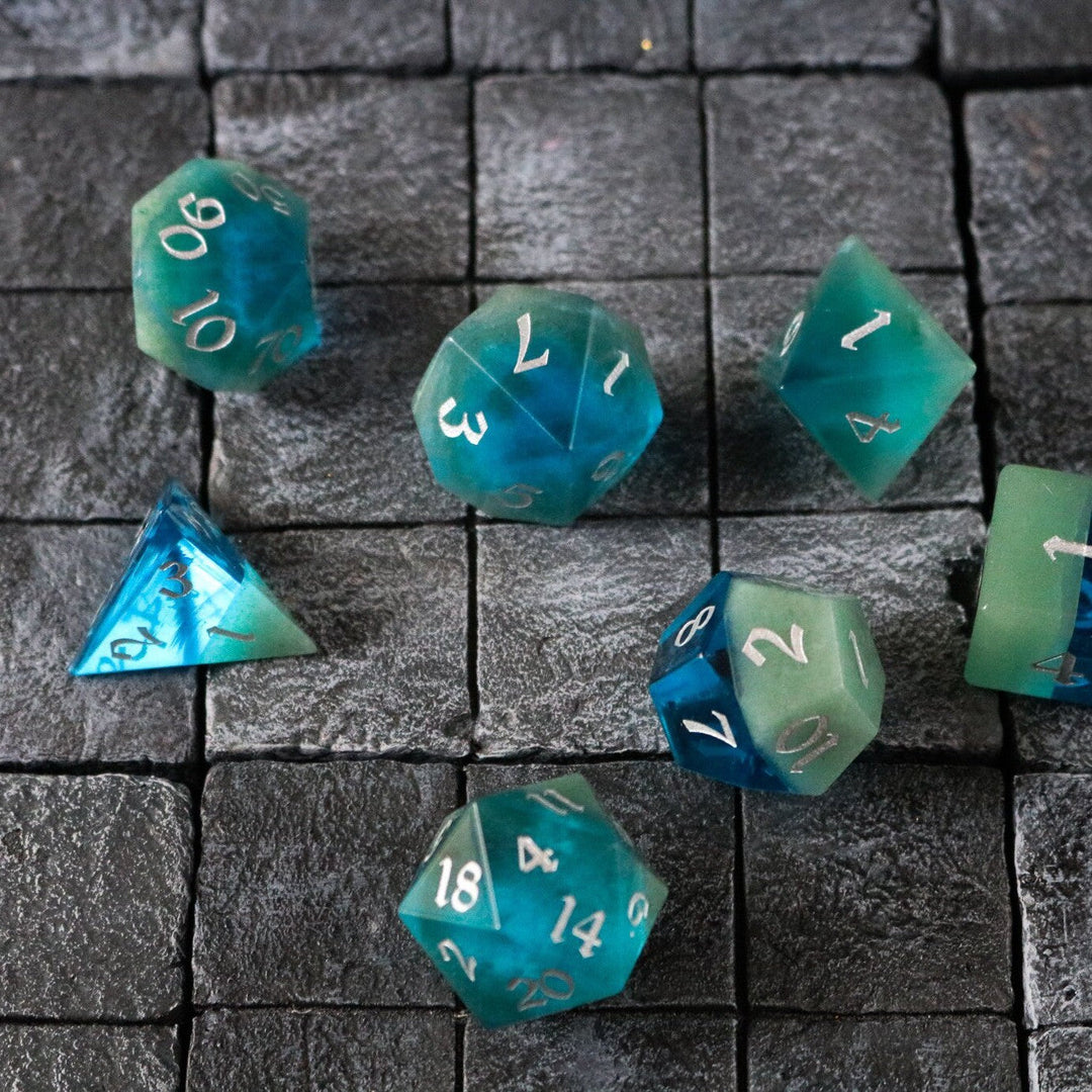 Hand Carved Synthetic Gemstone Two Tone Blue/Green (And Box) Polyhedral Dice DnD Dice Set