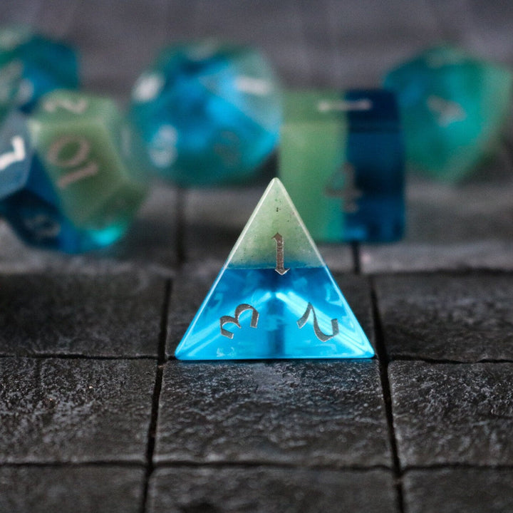 Hand Carved Synthetic Gemstone Two Tone Blue/Green (And Box) Polyhedral Dice DnD Dice Set