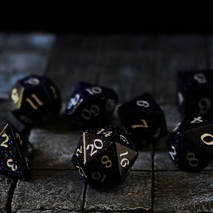 Gemstone Blue Sandstone Silver Font (And Box) Polyhedral Dice Dice Set