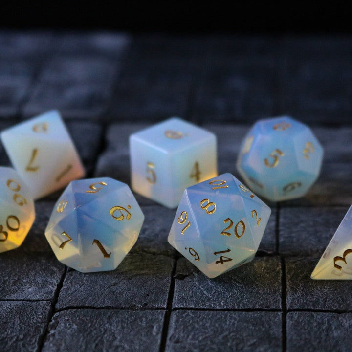 Gemstone Opalite (Gold Font) Hand Carved Polyhedral Dice (And Box) DnD Dice Set