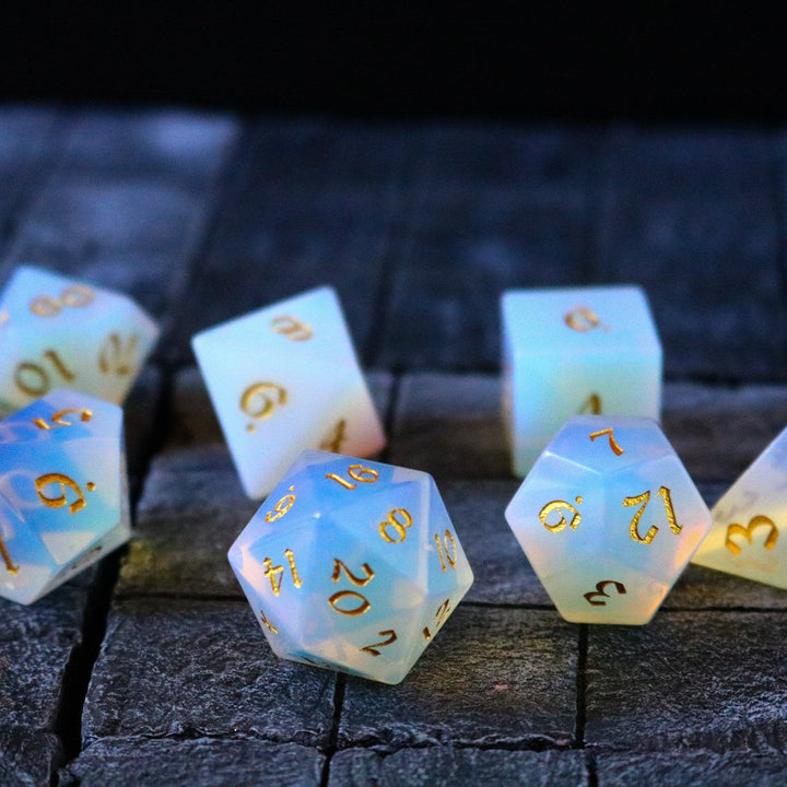 Gemstone Opalite (Gold Font) Hand Carved Polyhedral Dice (And Box) DnD Dice Set