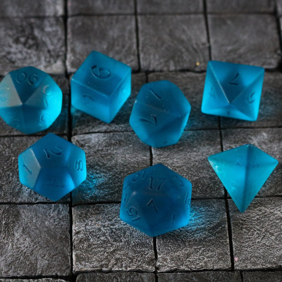 Hand Carved Blue Zircon Glass (And Box) Polyhedral Dice DND Set