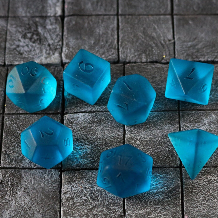 Hand Carved Blue Zircon Glass (And Box) Polyhedral Dice DND Set