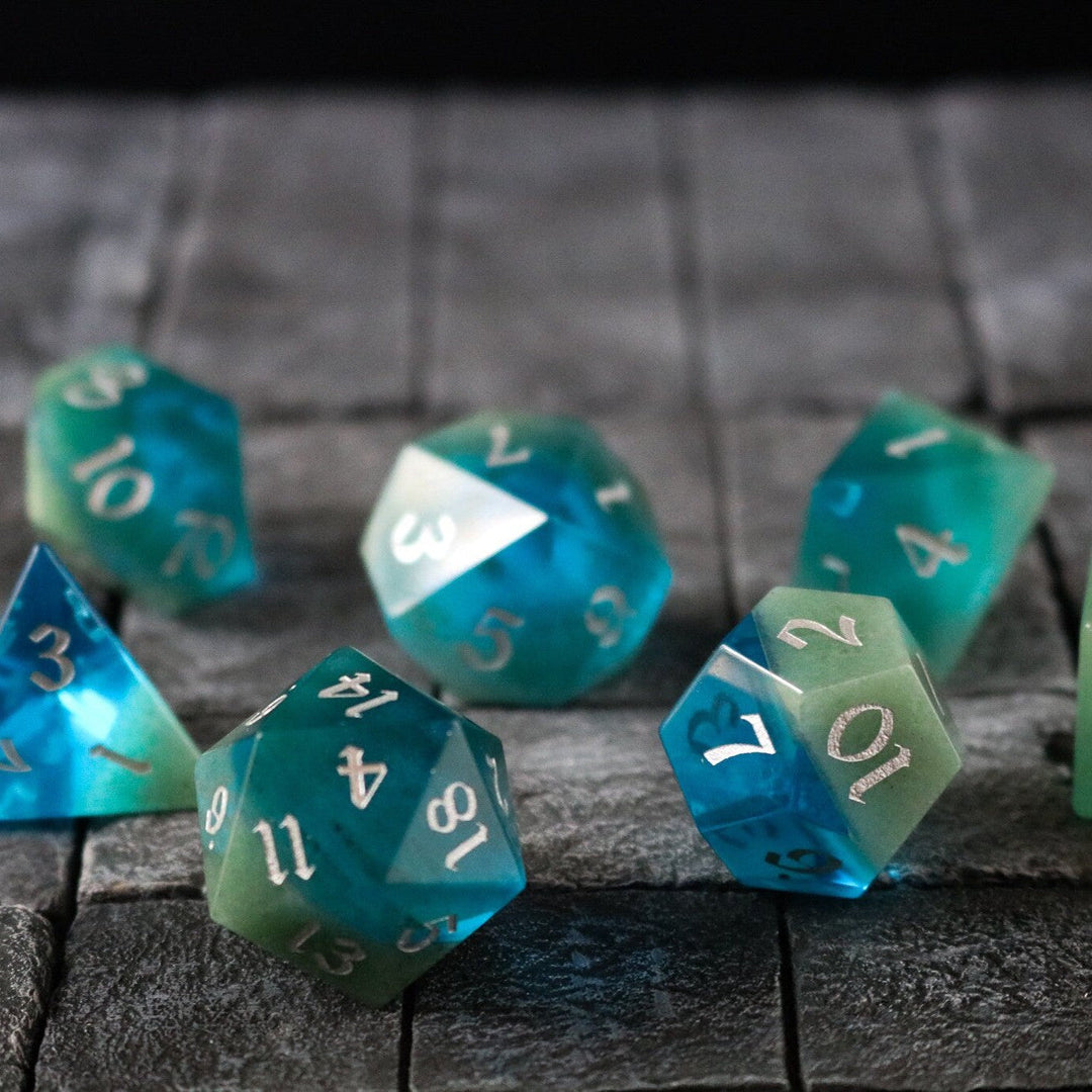 Hand Carved Synthetic Gemstone Two Tone Blue/Green (And Box) Polyhedral Dice DnD Dice Set