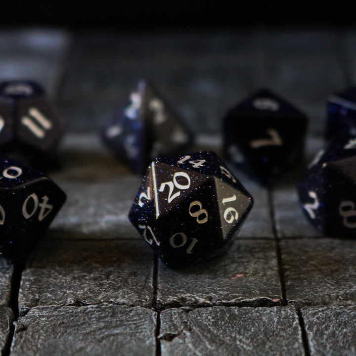 Gemstone Blue Sandstone Silver Font (And Box) Polyhedral Dice Dice Set