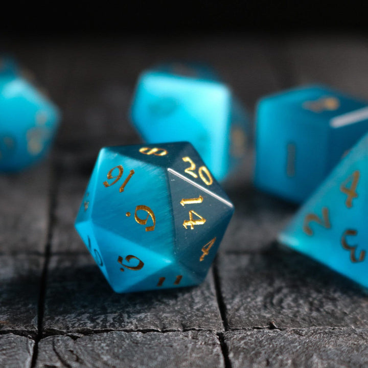 Hand Carved  Gemstone Light Blue Cats Eye Stone (And Box) Polyhedral Dice DND Set