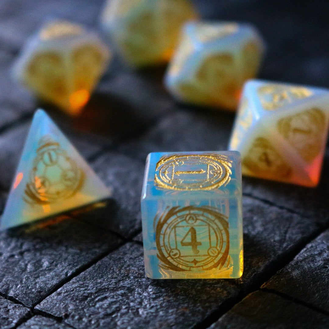 Mage Fury Gemstone Opalite Hand Carved Polyhedral Dice (And Box) DnD Dice Set