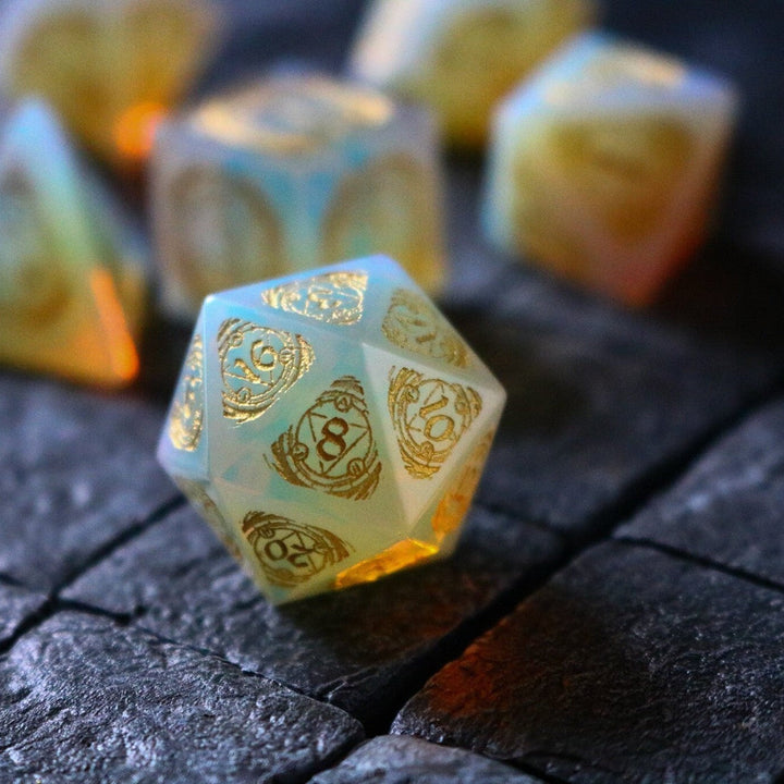 Mage Fury Gemstone Opalite Hand Carved Polyhedral Dice (And Box) DnD Dice Set