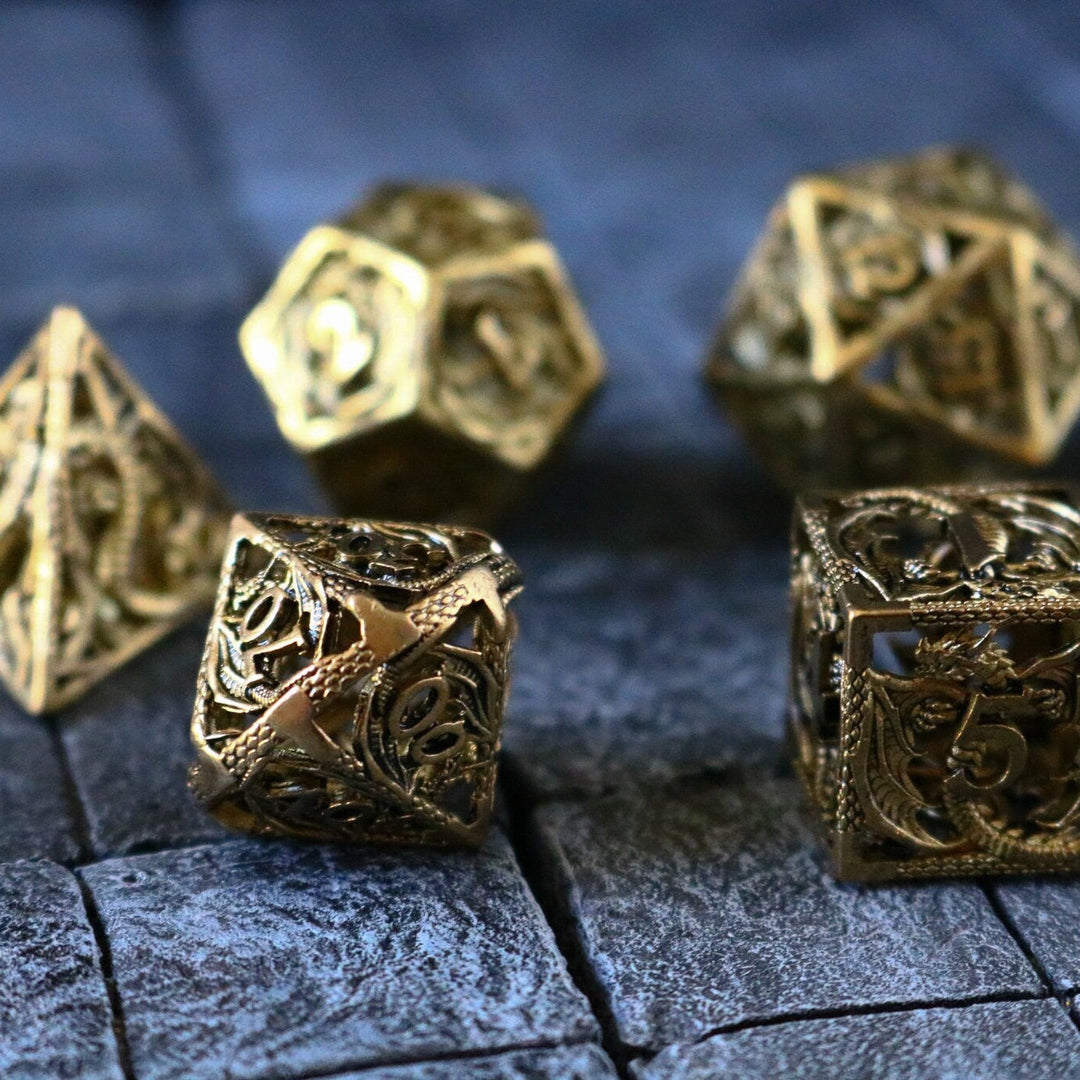 Dragon Flight Hollow Metal Dice Set Gold Tabletop Gaming