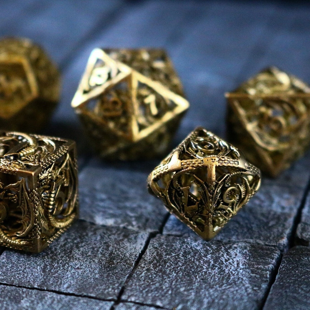 Dragon Flight Hollow Metal Dice Set Gold Tabletop Gaming