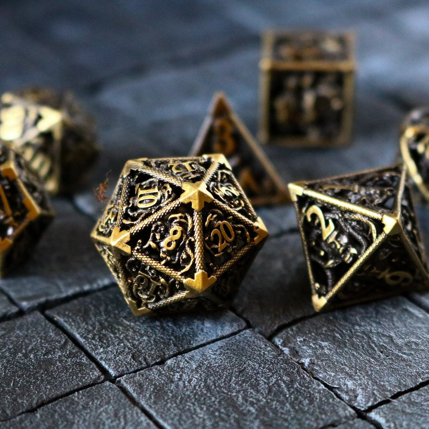 Medusa Bronze Hollow Metal Dice Set Tabletop Gaming