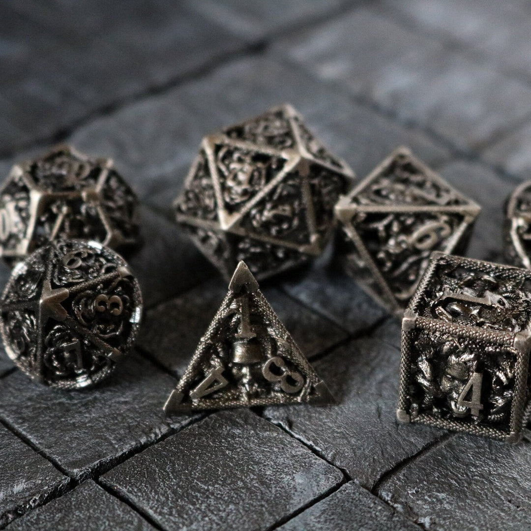 Medusa Silver Hollow Metal Dice Set Tabletop Gaming