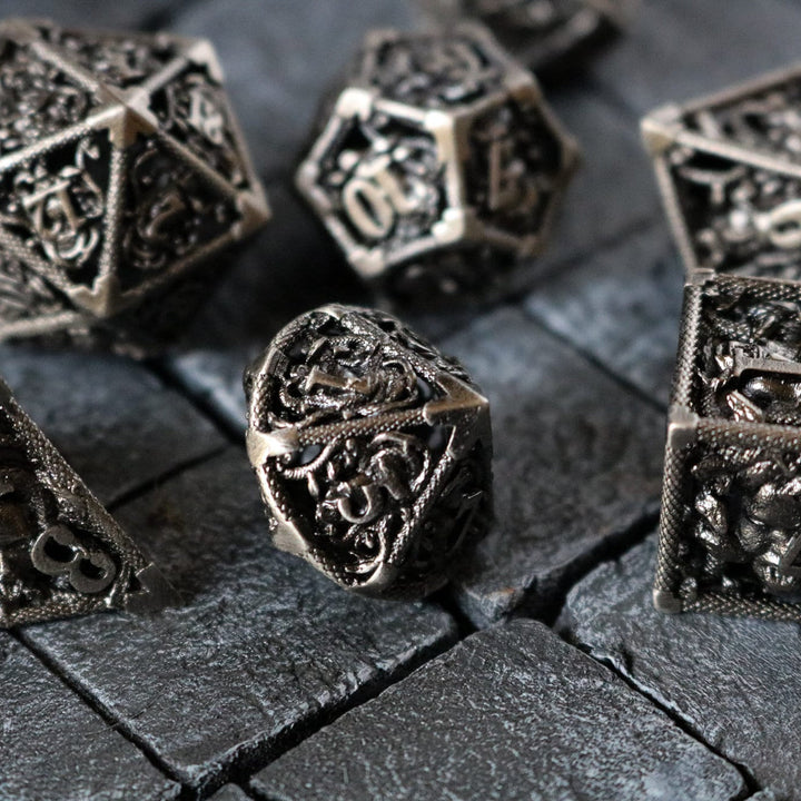 Medusa Silver Hollow Metal Dice Set Tabletop Gaming