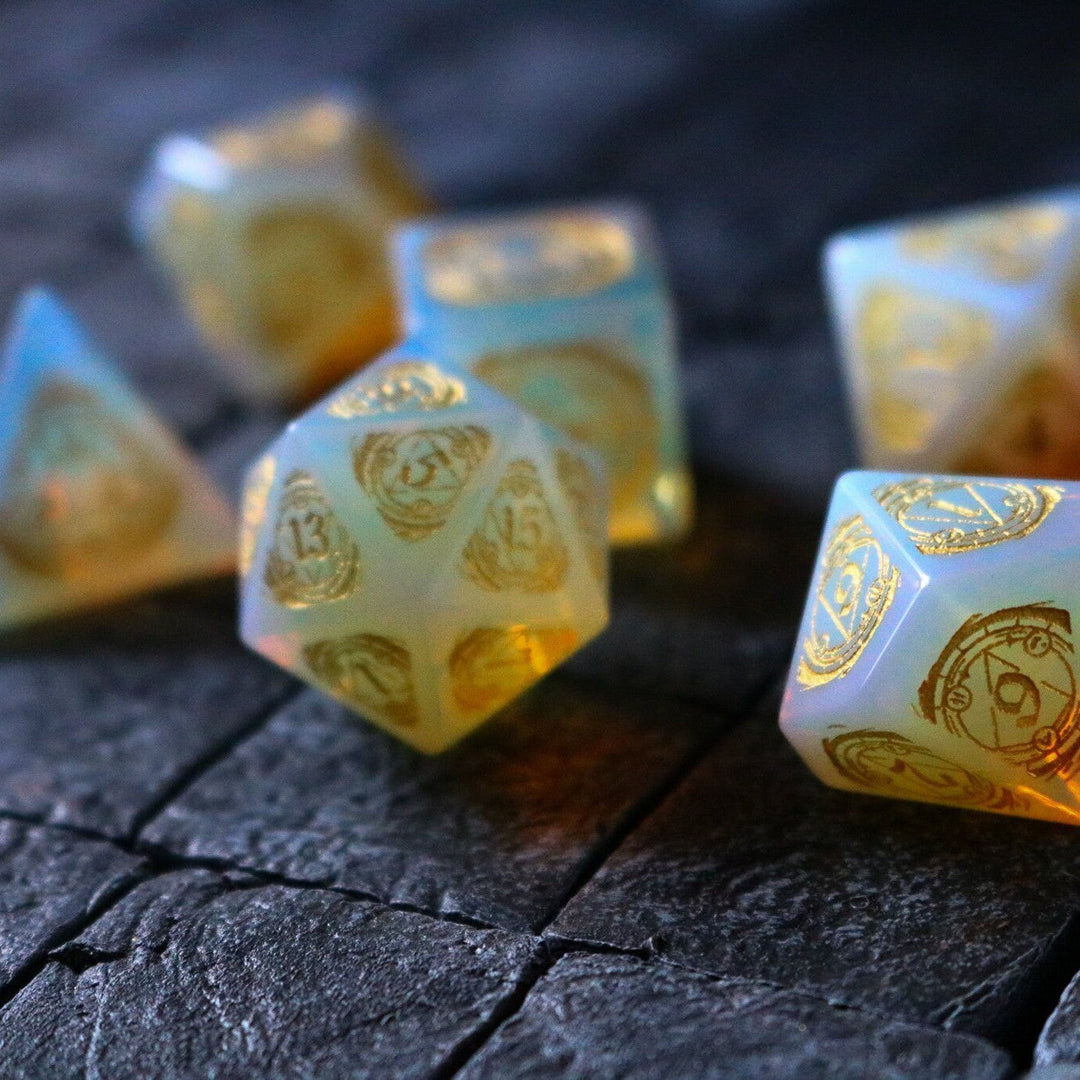 Mage Fury Gemstone Opalite Hand Carved Polyhedral Dice (And Box) DnD Dice Set