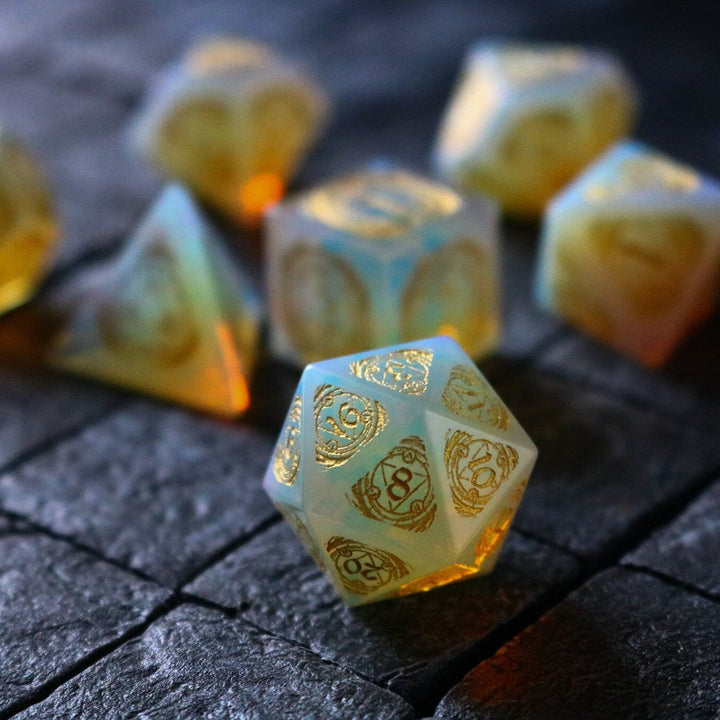 Mage Fury Gemstone Opalite Hand Carved Polyhedral Dice (And Box) DnD Dice Set