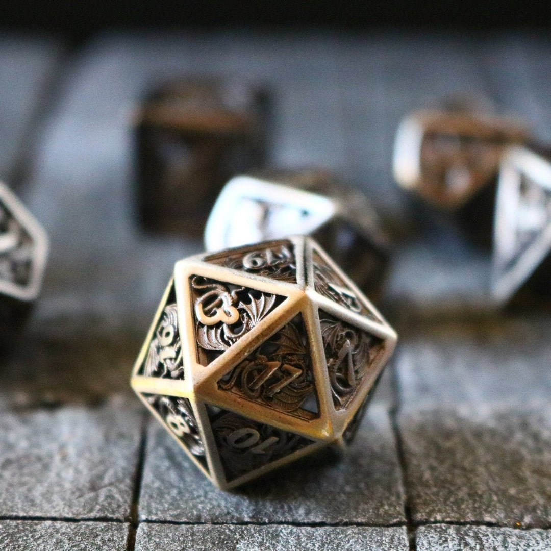 Dragon Flight Hollow Metal Dice Set Silver Tabletop Gaming