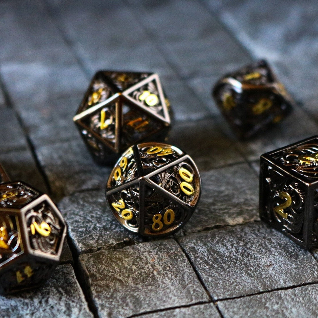 Dragon Flight Hollow Metal Dice Set Black/Gold Tabletop Gaming