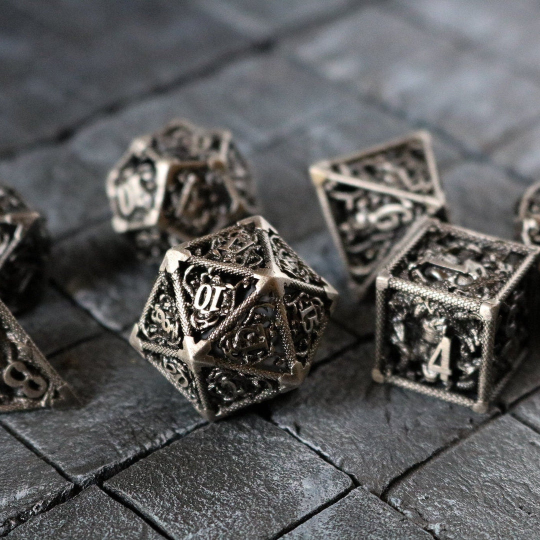 Medusa Silver Hollow Metal Dice Set Tabletop Gaming