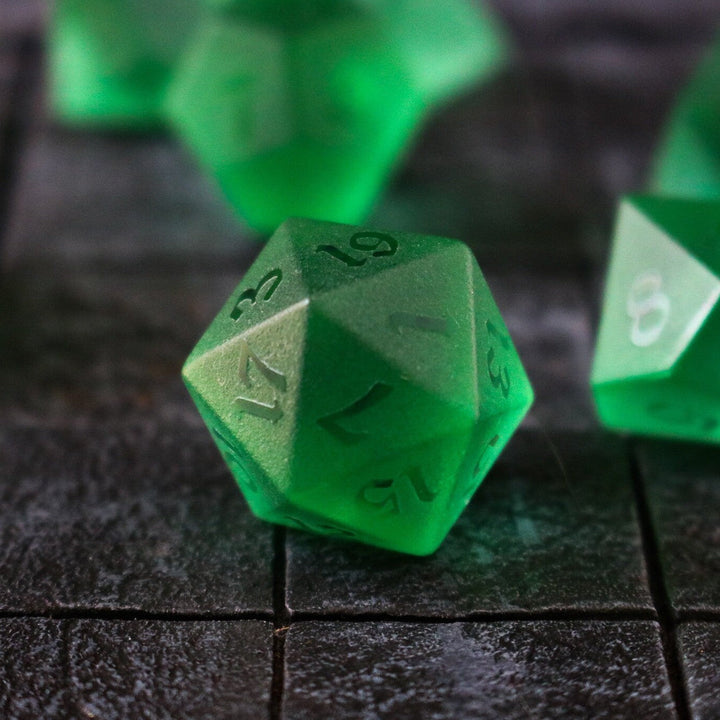 Hand Carved Raised Green Zircon Glass (And Box) Polyhedral Dice DND Set