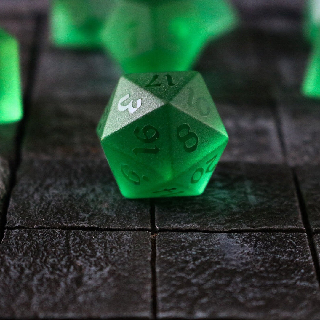 Hand Carved Raised Green Zircon Glass (And Box) Polyhedral Dice DND Set