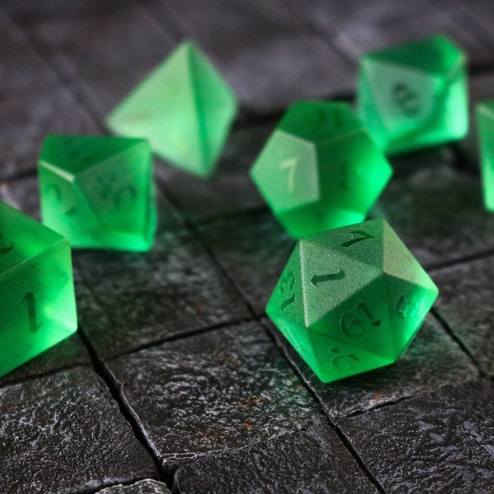 Hand Carved Raised Green Zircon Glass (And Box) Polyhedral Dice DND Set