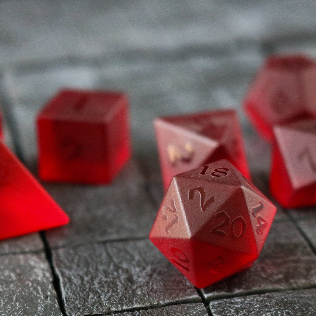 Hand Carved Raised Blood Red Zircon Glass (And Box) Polyhedral Dice DND Set