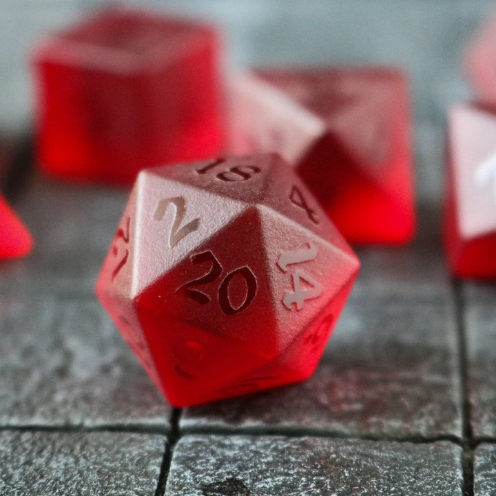 Hand Carved Raised Blood Red Zircon Glass (And Box) Polyhedral Dice DND Set