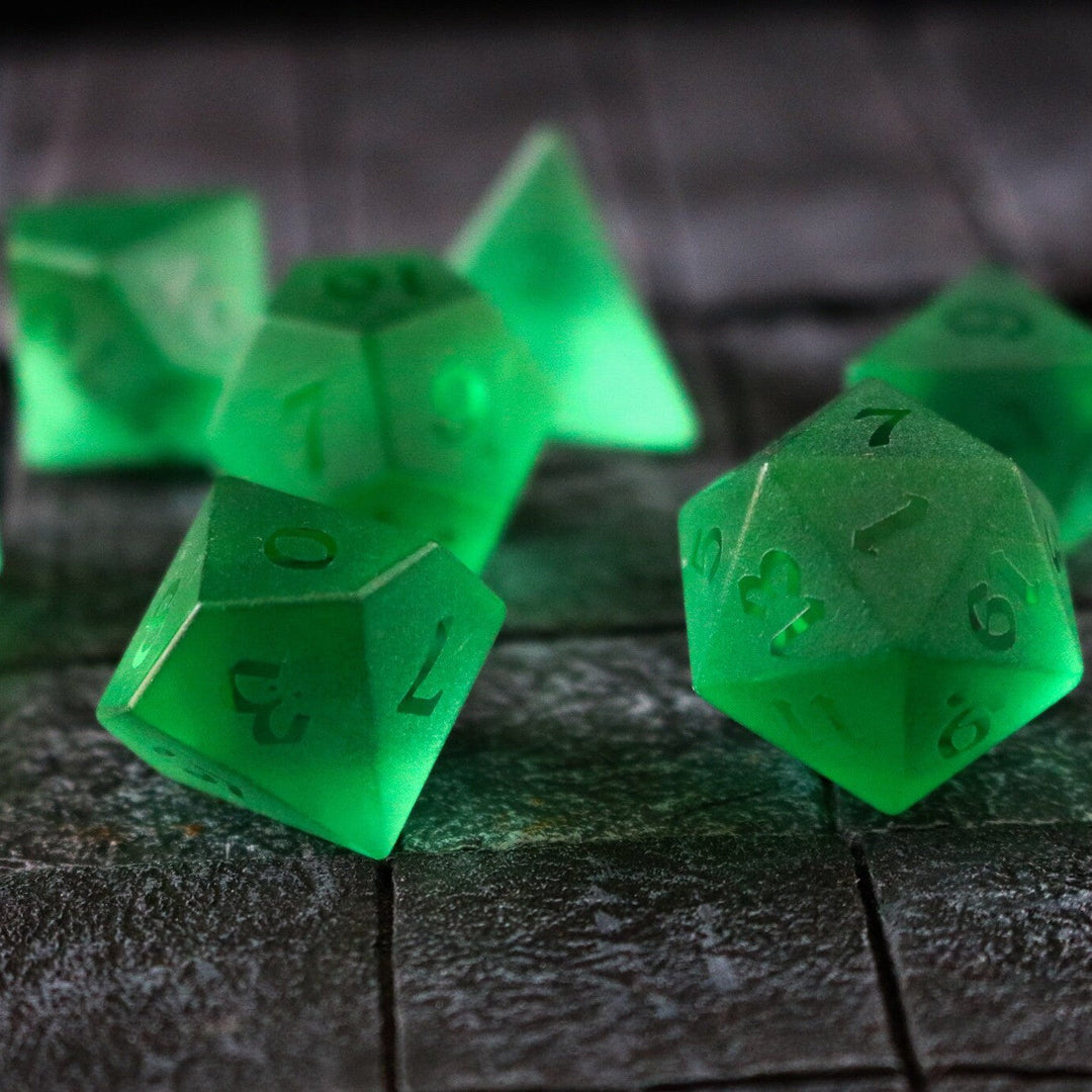 Hand Carved Raised Green Zircon Glass (And Box) Polyhedral Dice DND Set