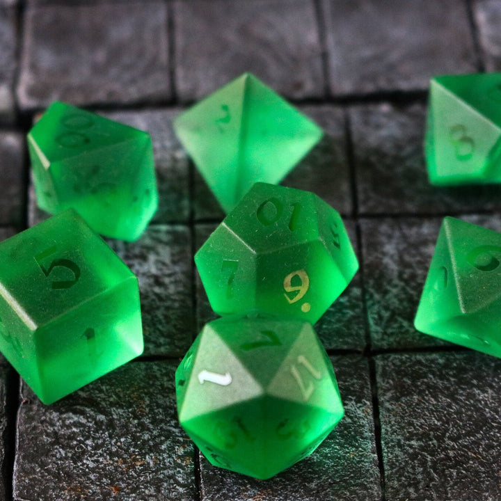 Hand Carved Raised Green Zircon Glass (And Box) Polyhedral Dice DND Set