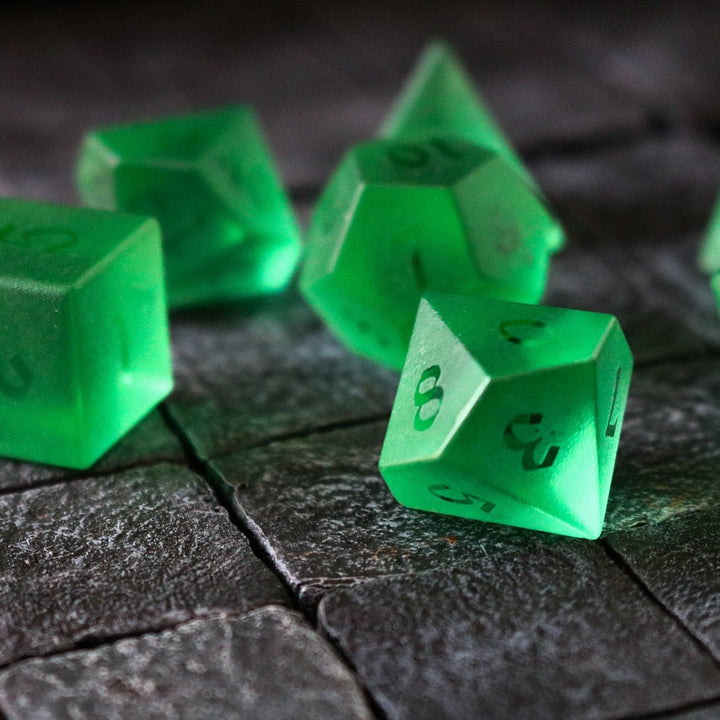 Hand Carved Raised Green Zircon Glass (And Box) Polyhedral Dice DND Set