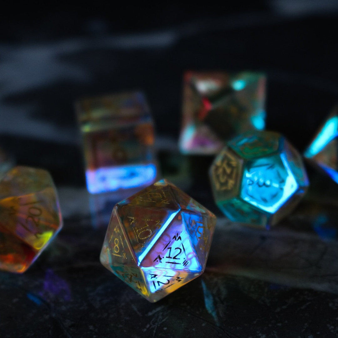 Dragon Shield Gemstone Dichroic Glass Polyhedral Dice (With Box) DND Set