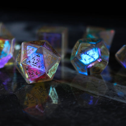 Dragon Shield Gemstone Dichroic Glass Polyhedral Dice (With Box) DND Set