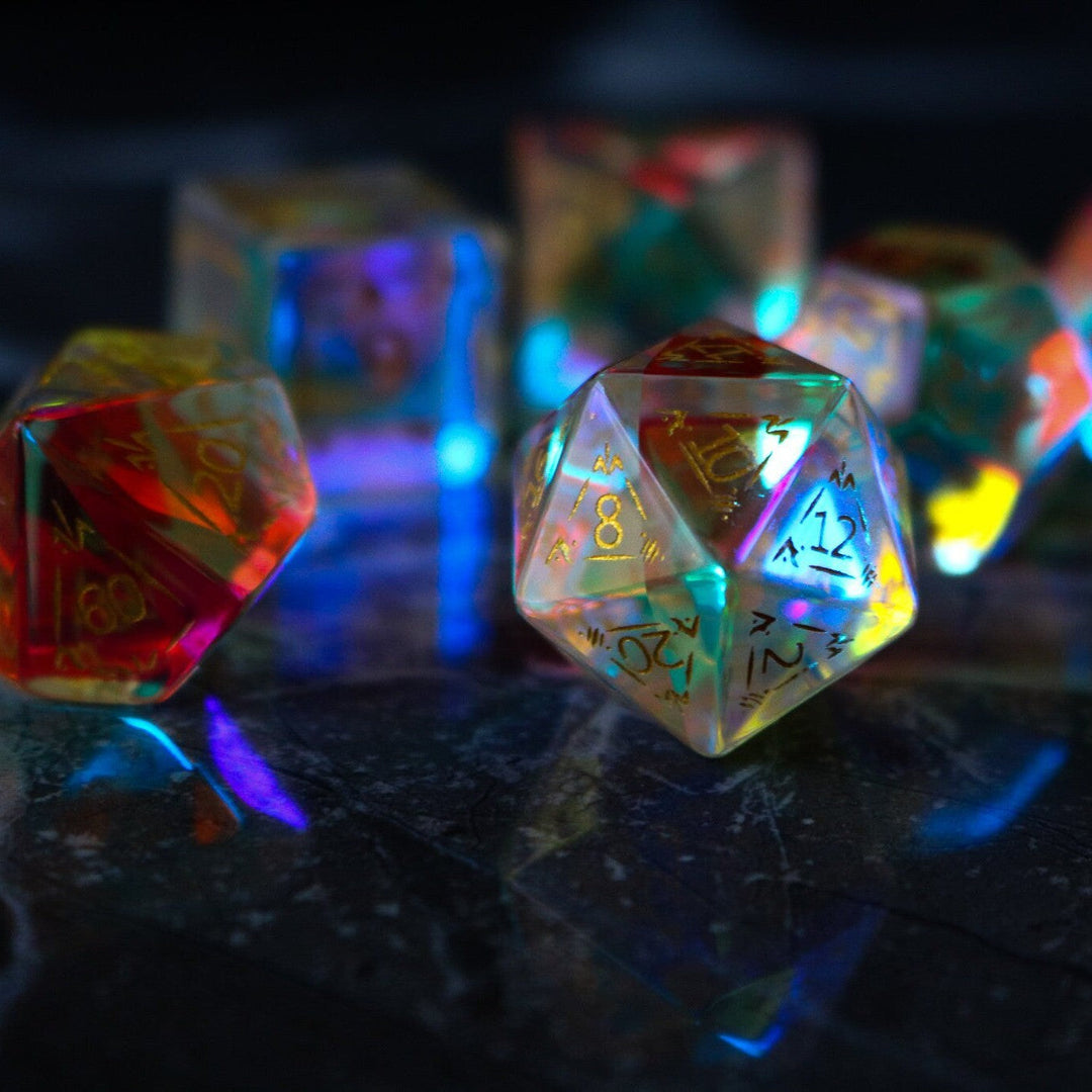 Dragon Shield Gemstone Dichroic Glass Polyhedral Dice (With Box) DND Set