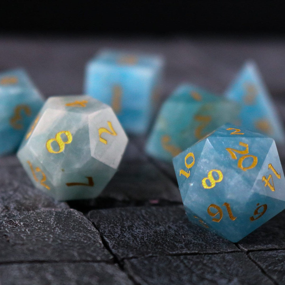 Hand Carved Gemstone Blue Aquamarine Stone (And Box) Polyhedral Dice DND Set