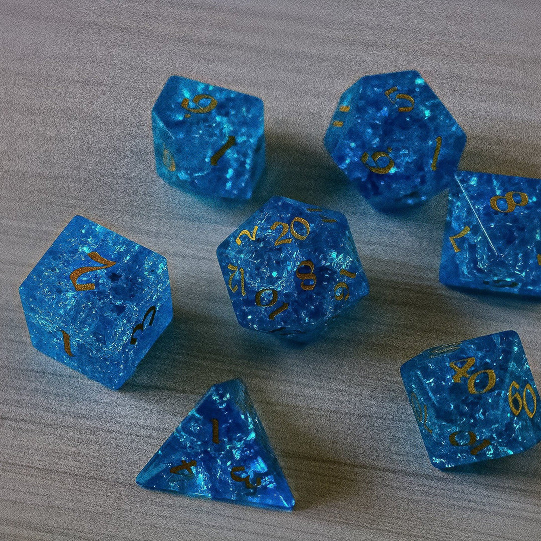 Blue Lightning Glass Cracked Glass (And Box) Polyhedral Dice DND Set