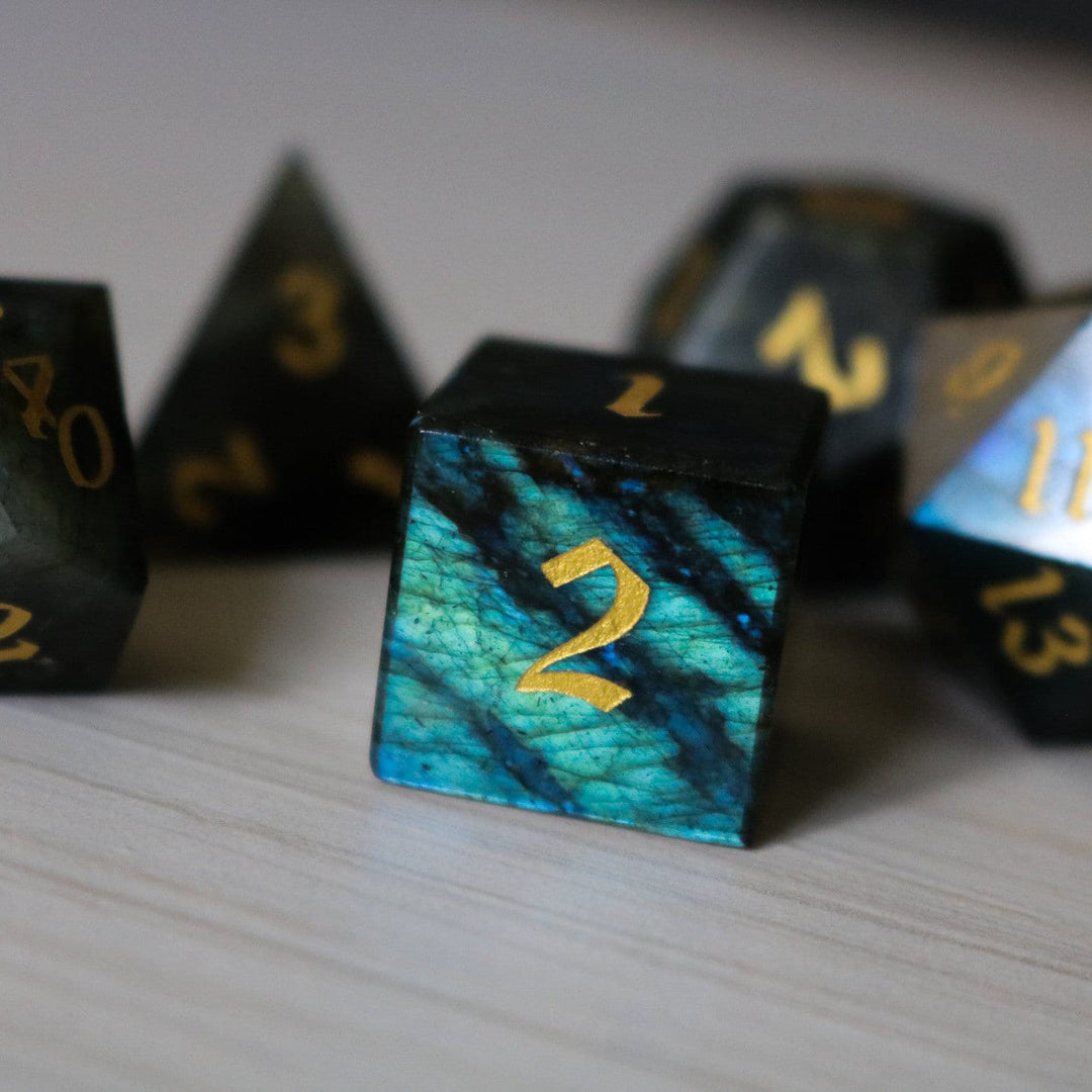 Labradorite Gemstone Dice (And Box) Polyhedral Dice DND Set