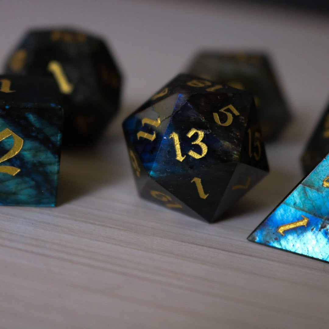 Labradorite Gemstone Dice (And Box) Polyhedral Dice DND Set