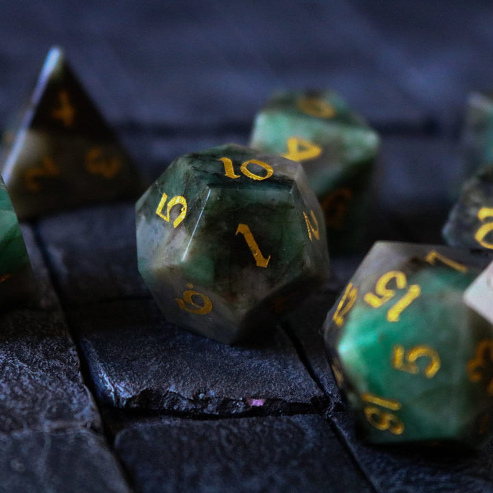 Green Gemstone Emerald Polyhedral Dice (With Box) DND Set