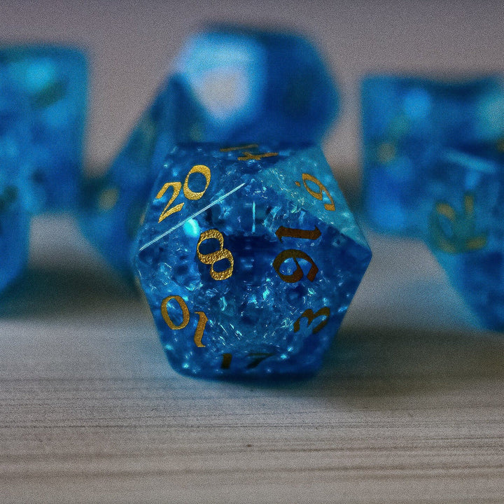 Blue Lightning Glass Cracked Glass (And Box) Polyhedral Dice DND Set