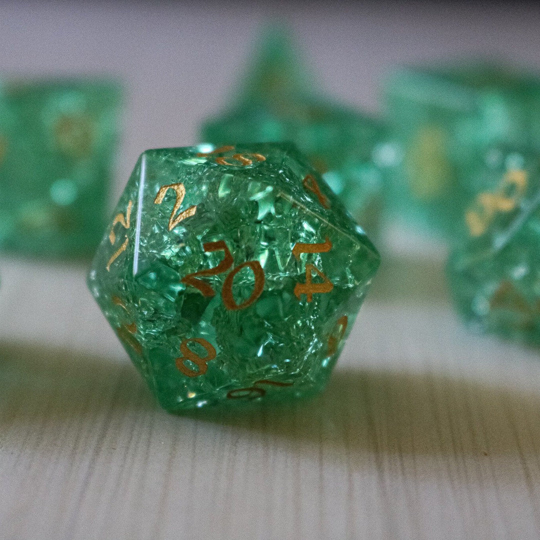 Green Lightning Glass Cracked Glass (And Box) Polyhedral Dice DND Set